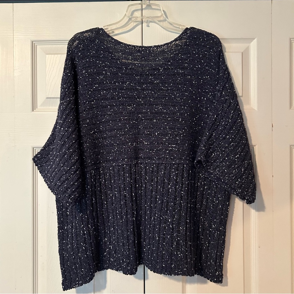 Blue and White Crew Neck Sweater with Textured Knit